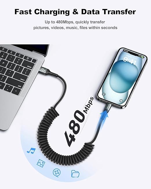 USB A to USB C Cable 3FT/6FT, Coiled USB C Cable for Car, 66W USB C Cable Fast Charging 3A USB C iPhone Cable Compatible with iPhone 16/15/Samsung Galaxy S20 S10 Plus Note 10 9 and More USB C Devices