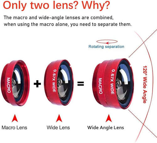 3 in 1 Cell Phone Camera Lens Kit Wide Angle Macro Fisheye Lens Universal (Red)