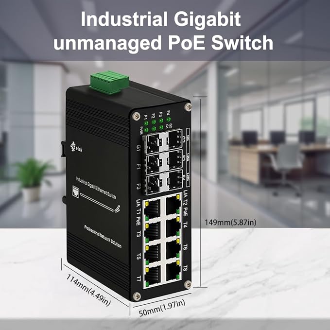 Industrial 8-Port Gigabit Ethernet Plus Switch with 2x10G SFP+ and 4x1.2.5G SFP, 10/100/1000Mbps, DIN Rail Mount Unmanaged Ethernet Fiber Switch
