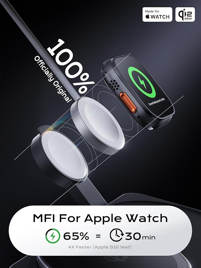 THREEKEY Qi2 25W MagSafe 3-in-1 Wireless Charging Station, MFI Certified by Apple, Fast Foldable Charger Stand for iPhone 17/16/15/14/13/12 Pro Max, Apple Watch, AirPods(45W Adapter Included)