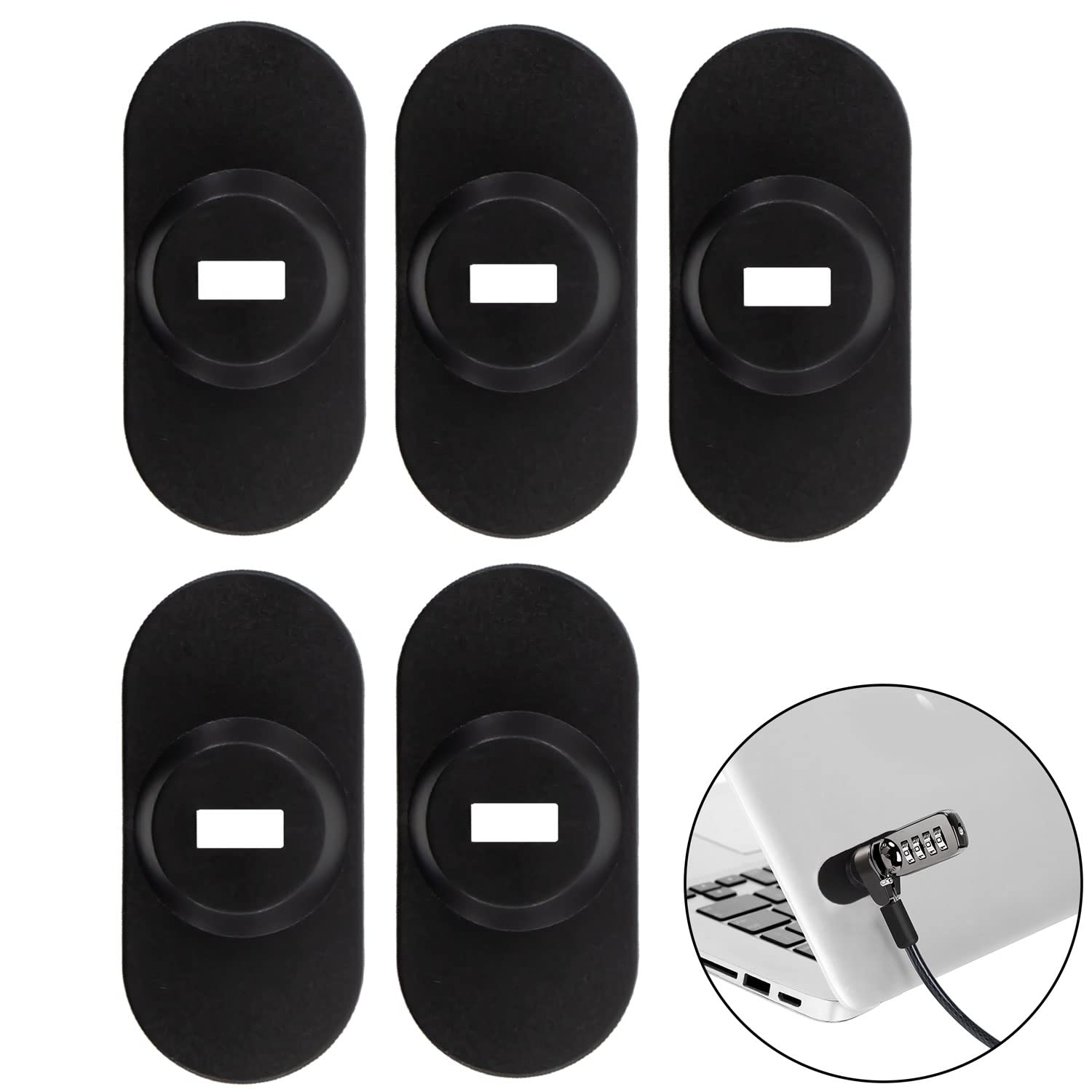 Zolunu 5Pack Anti Theft Self-Adhesive Security Plate with Slot for Cables to Lock Down Laptops, Mac Book, Tablets, iPad, or Other Computer (Black)