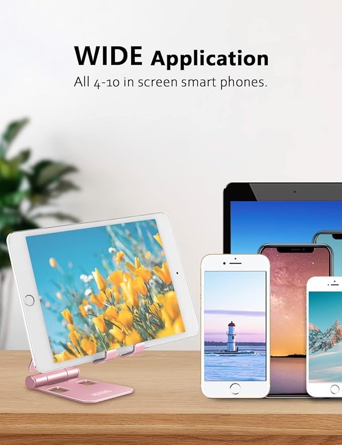 Cell Phone Stand for Desk, Adjustable Desktop Phone Holder Stand, Foldable Moblie Phone Dock for iPhone 15 14 13 12 11 Pro Xs Max Xr X 8 7 6 5 5s SE Nintendo Switch All Phones, Rose Gold