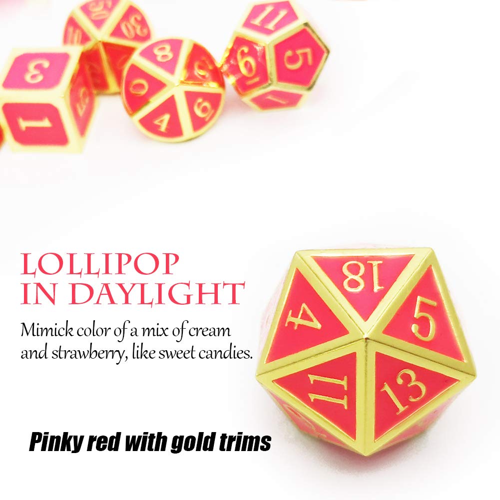 Haxtec Gold Glowing Red Metal DND Dice Set Glow in the Dark Enamel D&D Dice with Dragon Eye Leather Dice Bag Compatible with Dungeons and Dragons TTRPG Gift for DND Lovers DM Masters