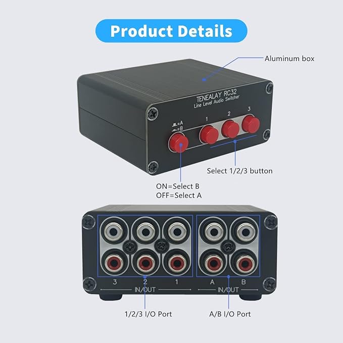 3 in 2 Out RCA Stereo Audio Switch Input Signal Source Switcher Selector Splitter Box -RC32