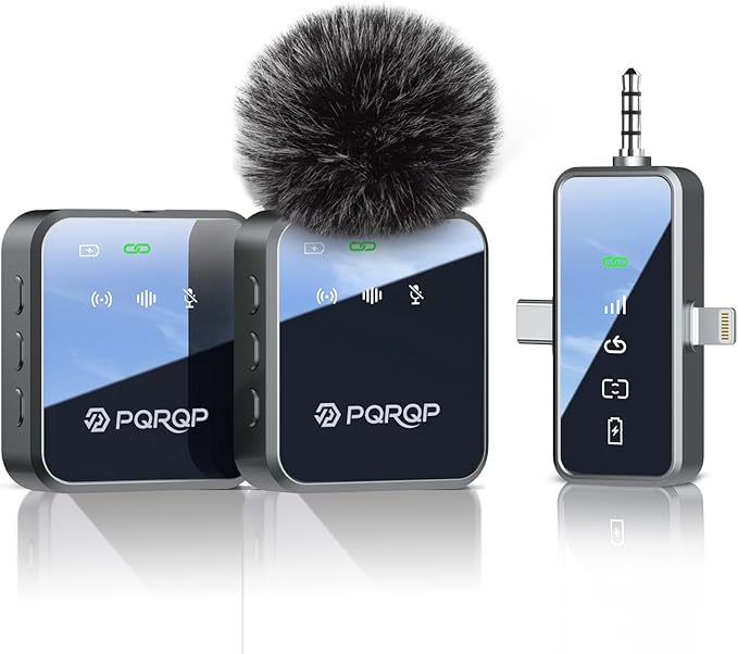 PQRQP 3 in 1 Microphone for iPhone/Android/Camera, Mini Microphone, 328ft Transmission, 18H Battery Life, Wireless Microphones Crystal-Clear Audio for Podcasting, Vlog, Streaming (Graphite Gray)