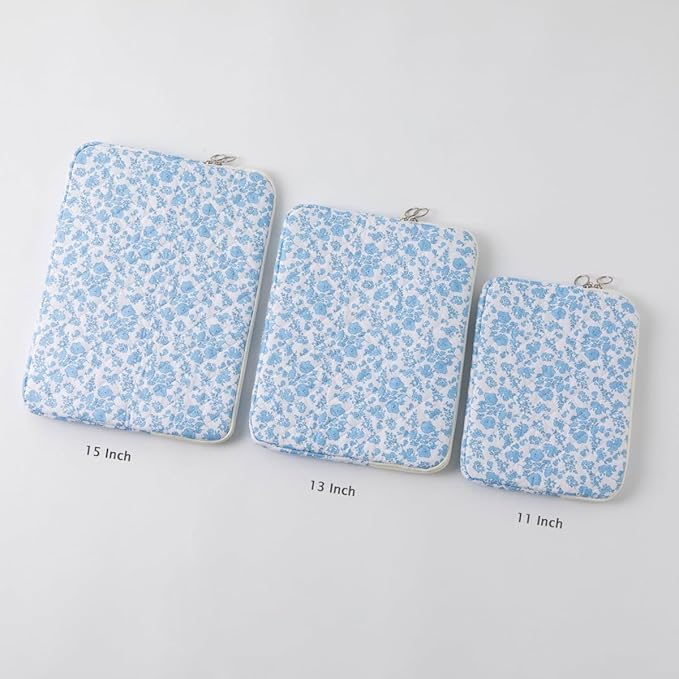 Puffy Laptop Sleeve 13-15.6 Inch Cute Quilted Laptop Protective Case Padded Floral Computer Sleeve for MacBook (B-Blue, 13 Inch)