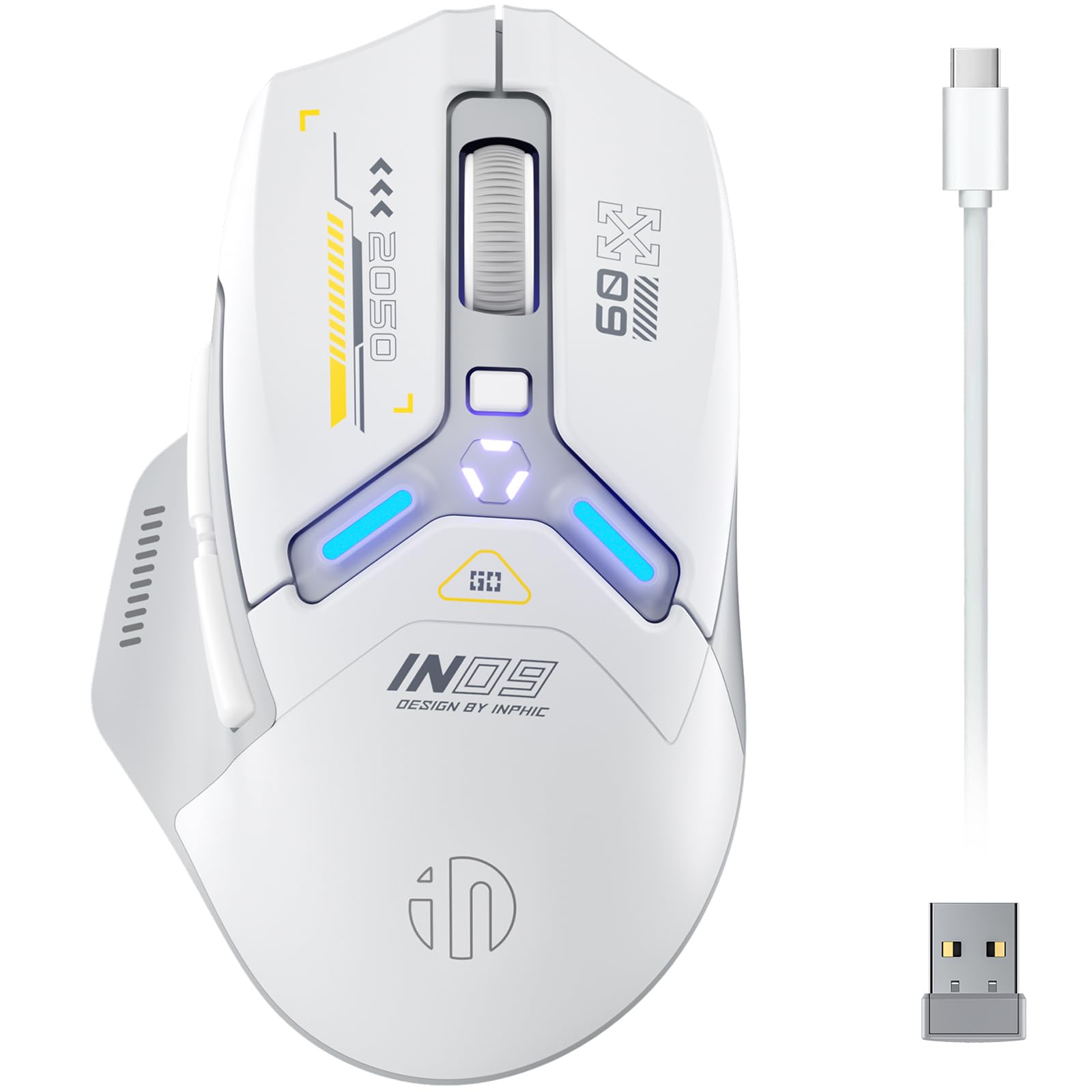 INPHIC IN9 Wireless Gaming Mouse, Real Tri-Mode 2.4G Wireless/Type-C Wired/Bluetooth Mouse, 10k DPl, Fully Programmable, RGB Lighting, Hyperspeed Rechargeable Wireless Mouse for Laptop PC Computer Mac