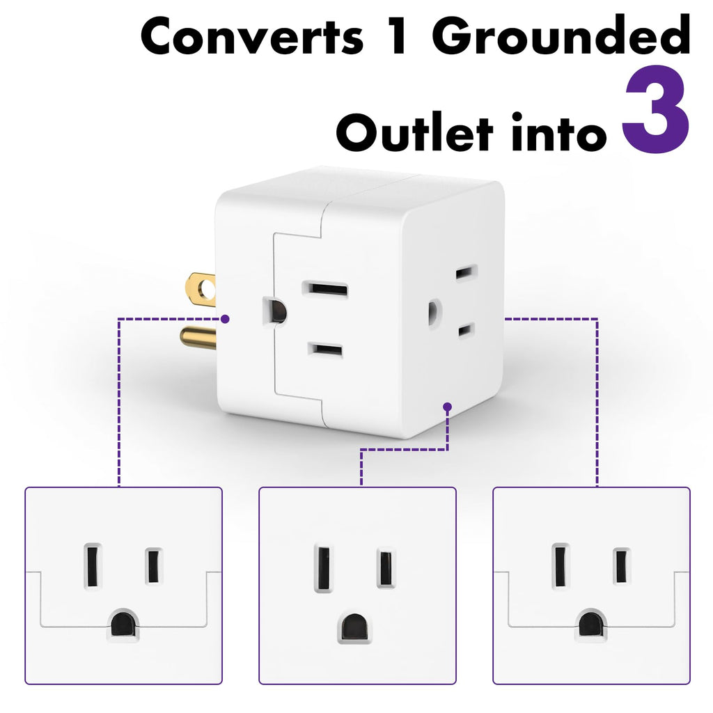POWERCORDS 3 Outlet Cube Wall Adapter, 3 Pack, Recessed Outlet Extender, Low Profile 3 Prong Plug Splitter, Grounded Wall Tap, 90° Compact Adapter, Cruise & Travel, UL Listed 15A 125V White