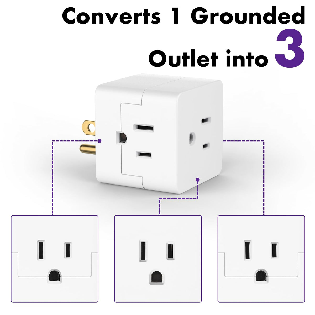 POWERCORDS 3 Outlet Cube Wall Adapter, 3 Pack, Recessed Outlet Extender, Low Profile 3 Prong Plug Splitter, Grounded Wall Tap, 90° Compact Adapter, Cruise & Travel, UL Listed 15A 125V White