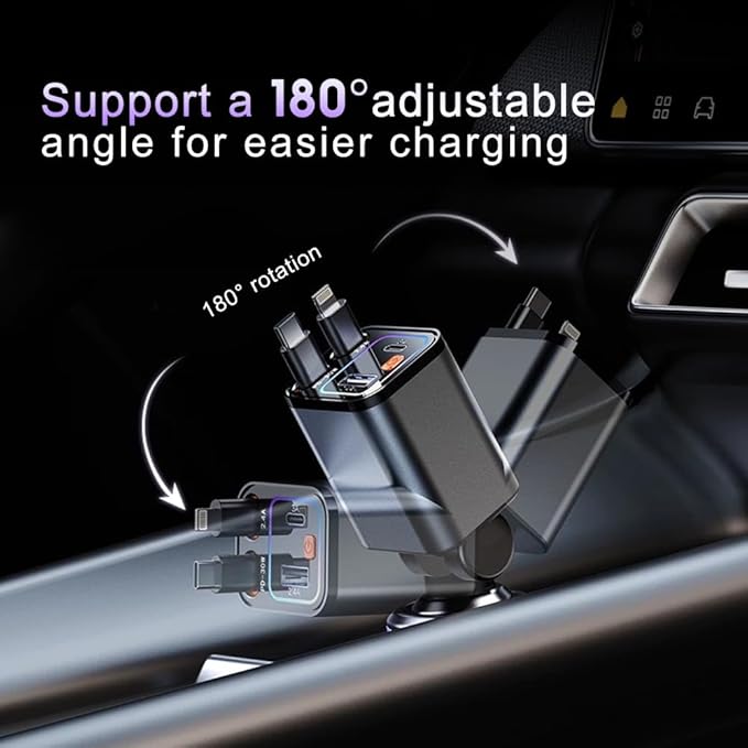 [2025 Mirco-Version] 4 in 1 Retractable Car Charger,69W Car Charger USB C,Cigarette Lighter Adapter,Fast Charging for iPhone 16e/16Pro Max,Galaxy,iPad,Pixel (Dual Cord USB-C) Black