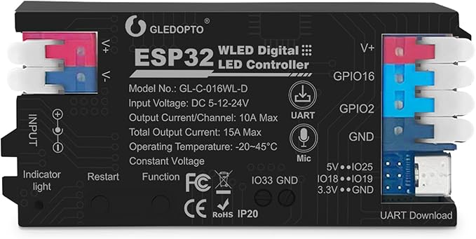 ESP32 WLED LED Strip Light Controller 15A Fuse Link Built in Mic UART Type-C Energy Saving Relay App Control Wago Wiring for RGB IC Addressable Digital WS2811 WS2812 SK6812 TM1814 WS2813 WS2815 etc
