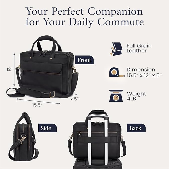 Luxorro Full Grain Leather Briefcase for Men, Top Choice Gifts for Men, Handcrafted Leather Laptop Bag with Multiple Compartments and Brass Hardware, Fits 15.6 Inch Laptop
