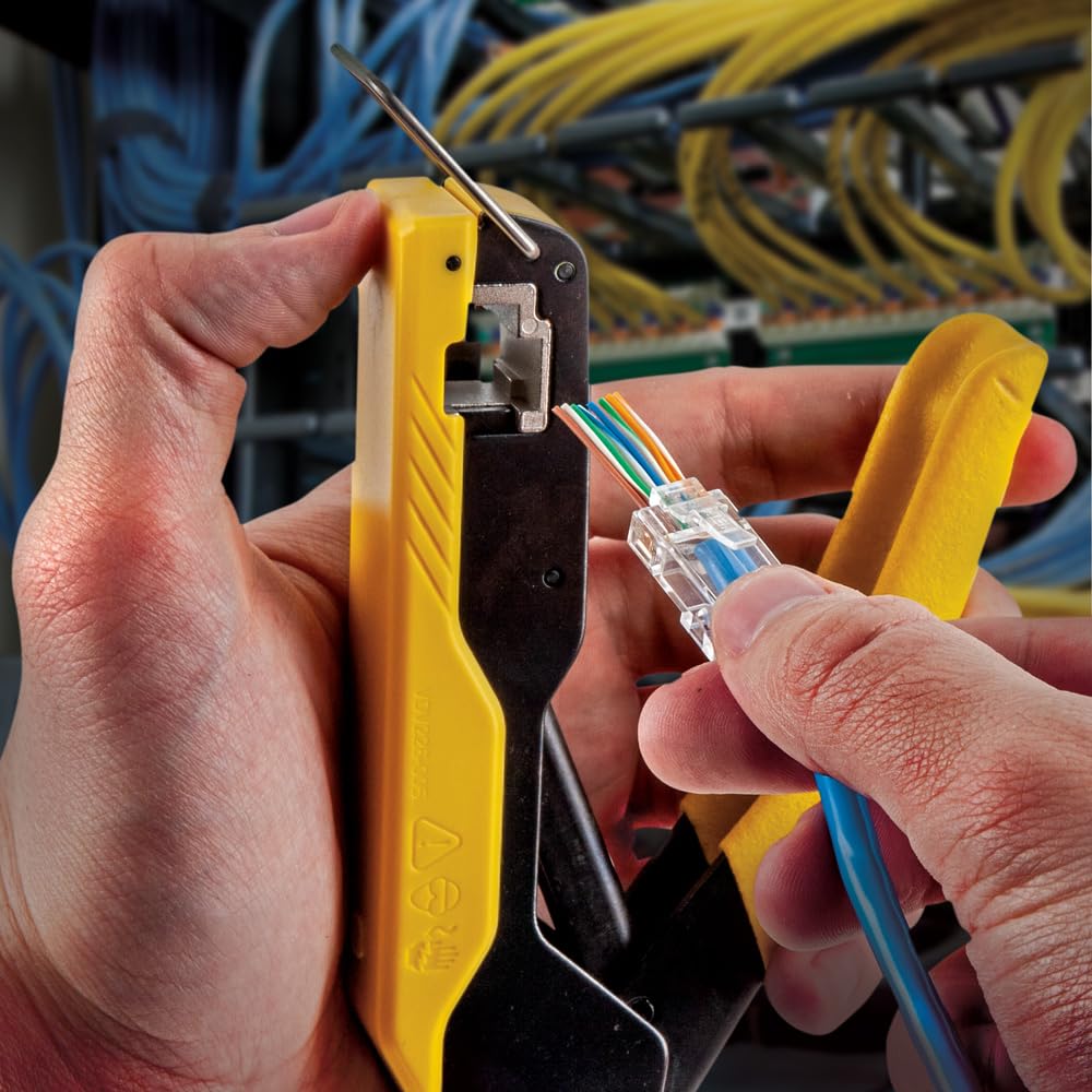 Klein Tools VDV026-813 RJ45 Ethernet Cable Tester and Crimper Kit, Pass-Thru Technology, Includes Connectors for Cat5e/CAT6 Data Applications, Pack of 50