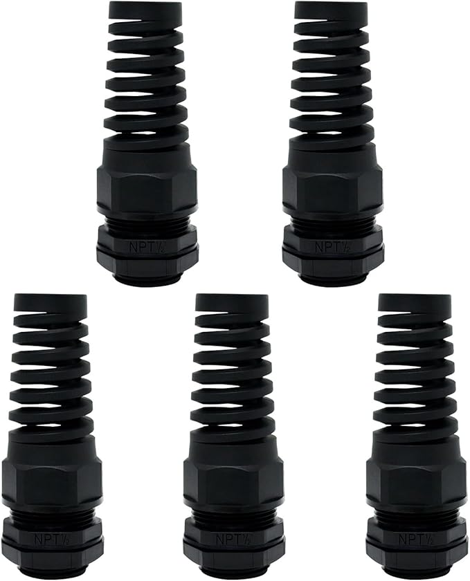 LeMotech 5Pcs NPT 1/2" IP68 Waterproof Cable Gland Flex Spiral Strain Relief Black Nylon Joint with Gaskets for 6-12mm Wire Thread