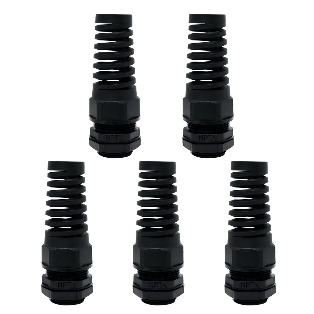 LeMotech 5Pcs NPT 1/2" IP68 Waterproof Cable Gland Flex Spiral Strain Relief Black Nylon Joint with Gaskets for 6-12mm Wire Thread