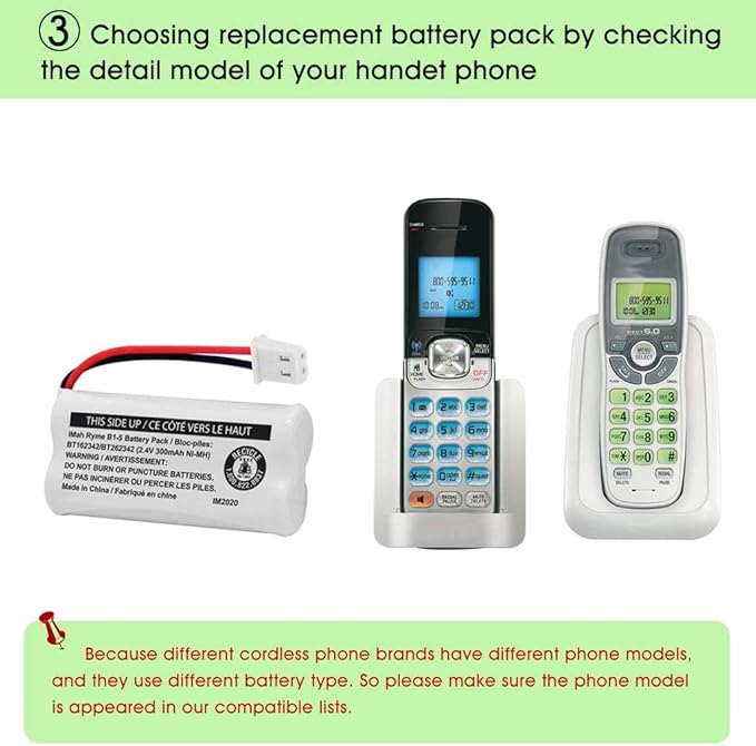 iMah BT162342/BT262342 2.4V 300mAh Ni-MH Cordless Phone Battery Pack, Also Compatible with BT183342/BT283342 AT&T BL102-3 EL52351 TL90070 VTech CS5119 DS6511 DS6722 LS6305 Handset, 3-Pack