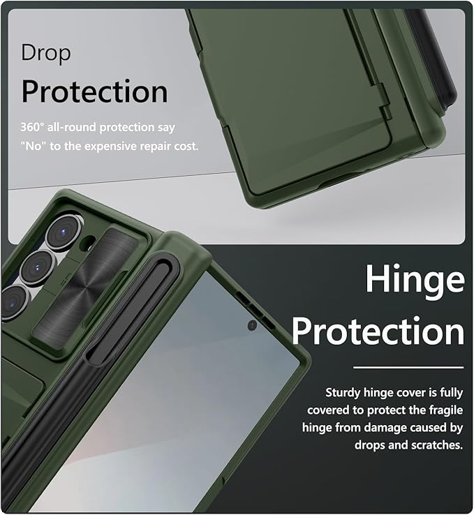 Vihibii for Samsung Galaxy Z Fold 6 Wallet Case with S Pen Holder & Card Holder & Camera Lens Cover & Hinge Protection & Front Screen Protector, Heavy Duty Phone Case for Samsung Z Fold 6 5G, Green