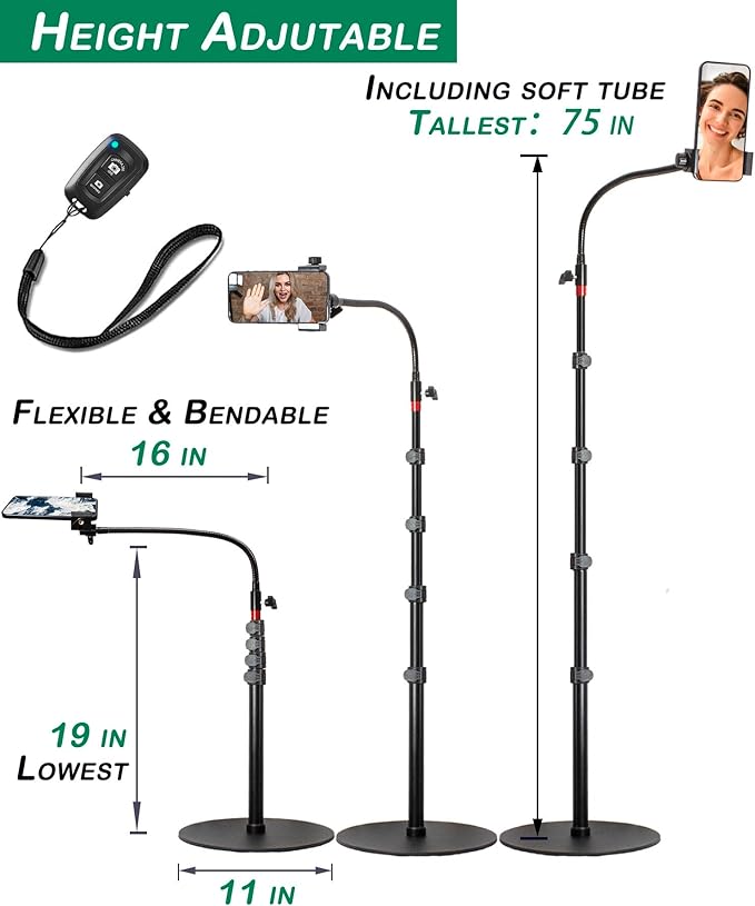 Phone Overhead Stand, Gooseneck Phone Floor Stand, Tall Video Cell Phone Mount with Height Adjustable Stand, Heavy Base, 360 Head, Works with iPhone 16, 16 Pro Max, 16 Plus, 15, 14, 13