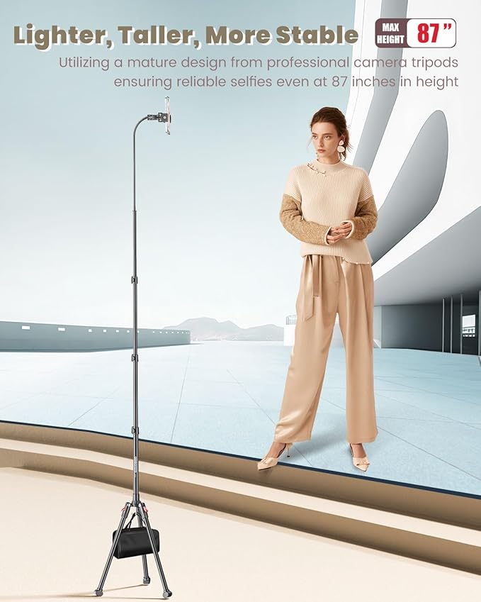 87" Phone Tripod, Overhead Flexible Tall Tripod Stand with Remote, Selfie Stick, Compatible with iPhone, 15.7" Gooseneck/Adjustable 360 Head, Gopro/Ring Light/Webcam/Video Recording/Vlogging