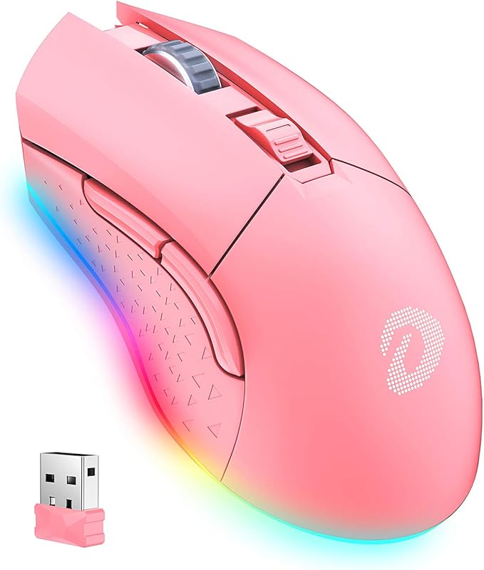 DAREU Pink Wireless Wired Gaming Mouse Dual-Mode Rechargeable 7 Programmable Buttons,10K DPI,RGB and 7 Adjustable DPI Levels up to [150IPS] [1000Hz Polling Rate] for PC Notebook Mac