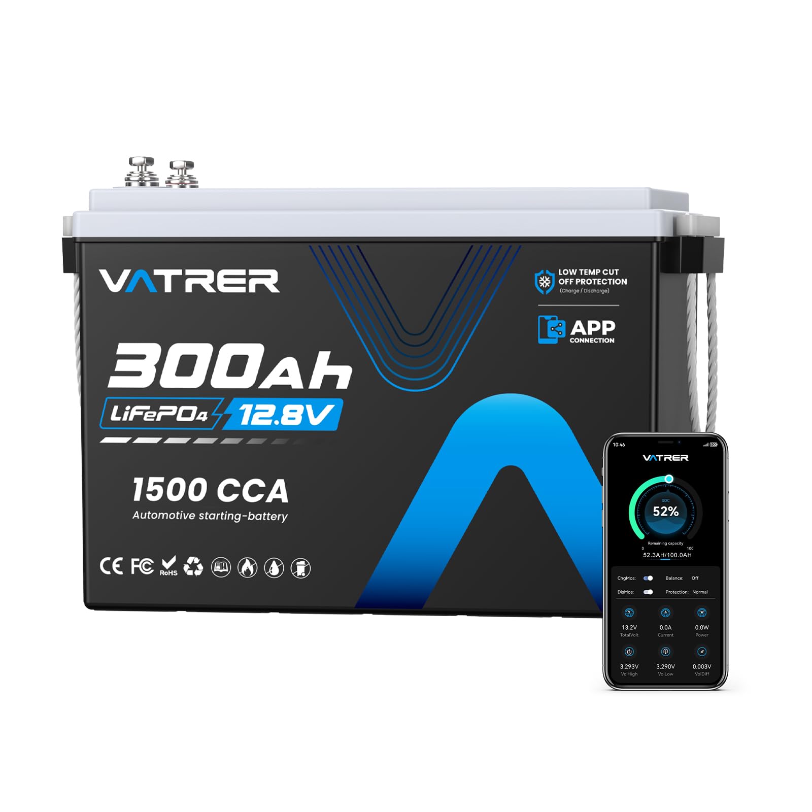 12V 300AH Low Temp Cutoff LiFePO4 Battery, Built in 200A BMS, Max 2560W Power Output, 5000+ Cycles Rechargeable Lithium Deep Cycle Battery, Perfect for RV/Camper, Backup Power, Solar and Off Grid