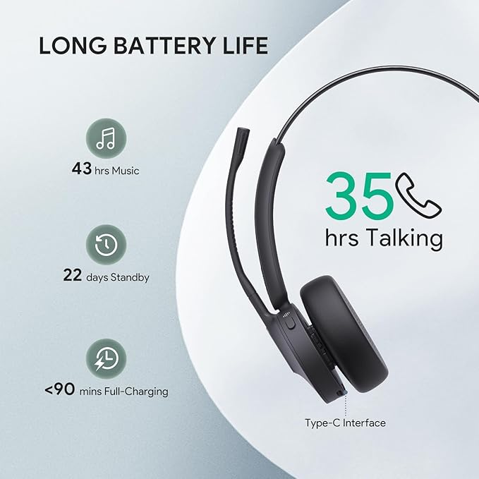 Yealink BH70 UC (NO Dongle) Wireless Bluetooth Headset with Microphone for Work, 35h Talking Battery Life, 3-Mic Noise Cancellation Headsets for Computer, 91g Lightweight Headphone for Open Office