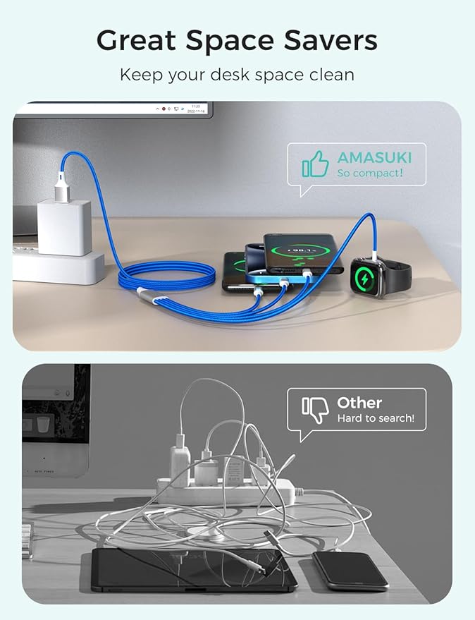 2Pack Travel Essentials Multi Charging Cable for Watch Charger 4 in 1 Fast Charger Camping Essentials USB C/L/Micro Compatible with Watch Series 10-1/SE/Ultra Phone 16 15/Galaxy Android-4FT/Blue