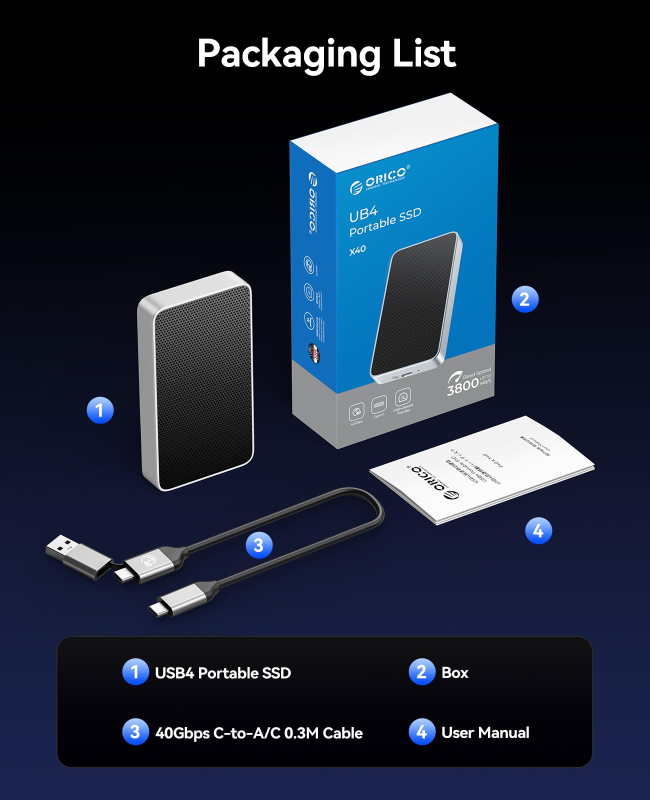 ORICO X40 2TB USB4 Portable NVMe SSD (40Gbps), up to 3800MB/s