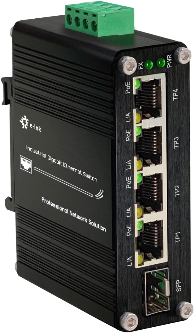 Industrial Gigabit 4 Ports PoE Ethernet Switch PoE+ Fiber Switch with 100/1000M Adaptive SFP Slot Din Rail Unmanaged 10/100/1000Mbps Network Switch IEEE802.3af/at 30W/Port Max 120W 12-48V DC