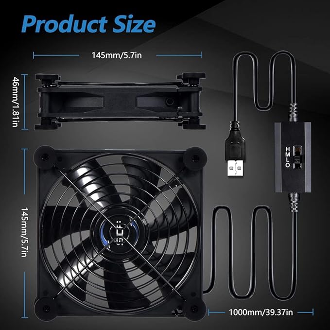 Quiet 140mm USB Fan, 5V USB Portable Cooling Fan for Flat Panel TV Receiver Router DVR PlayStation Xbox Computer Cabinet Cooler