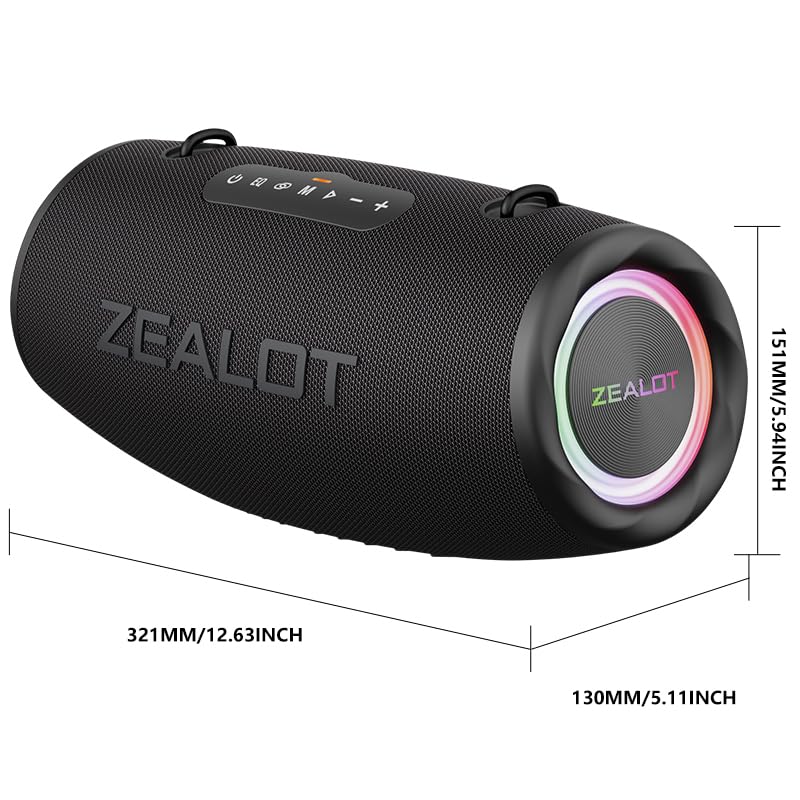 ZEALOT 80W RMS (100W Peak) Portable Bluetooth Speaker, Stereo Sound with Deep Bass,IPX6 Waterproof, LED Light,Bluetooth 5.2, Indoor/Outdoor Speaker for Party, Gathering, Pool, Camping,Travel (Black)