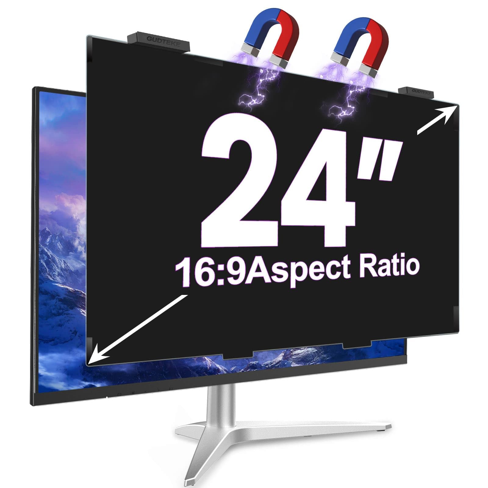 GUDTEKE Magnetic 24 Inch Privacy Screen for Computer Monitor 16:9 Aspect Ratio, Hanging Removable Anti-Blue/Glare Protector Film, Anti Spy Desktop Security Private Filter 24in