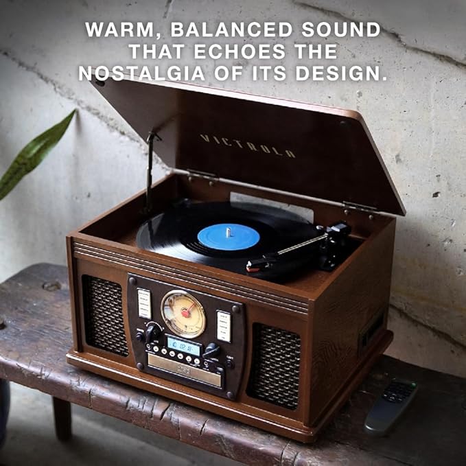 Victrola Navigator 8-in-1 Bluetooth Record Player with Built-in Speakers – 3 Speed Turntable, CD Player, Cassette, FM Radio, USB, RCA Out, Headphone Jack, Wireless Music Streaming, Real Wood (Black)