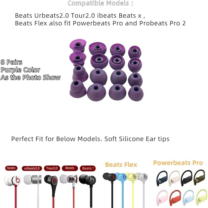 Replacement Ear Tips for Beats Urbeats2.0 Tour2.0 ibeats Beats x, Beats Flex Secure Fit for Powerbeats Pro Silicone Earbuds Washable Sweat-Resistant Noise Isolation 8 Pairs (Purple)