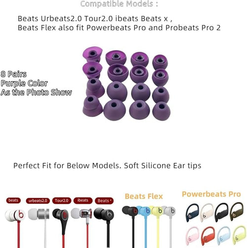 Aginkgo Replacement Ear Tips for Beats Urbeats2.0 Tour2.0 ibeats Beats x, Beats Flex Secure Fit for Powerbeats Pro Silicone Earbuds Washable Sweat-Resistant Noise Isolation 8 Pairs (Purple)