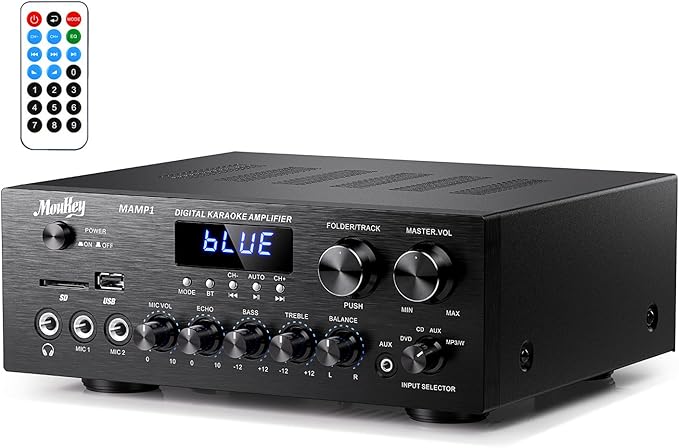 Moukey Stereo Receivers with Bluetooth 5.0, 400W 2.0 Channel Power Audio Amplifier Stereo System w/USB, SD, AUX, RCA, MIC in w/Echo, LED for Karaoke, Home Theater Speakers - MAMP1
