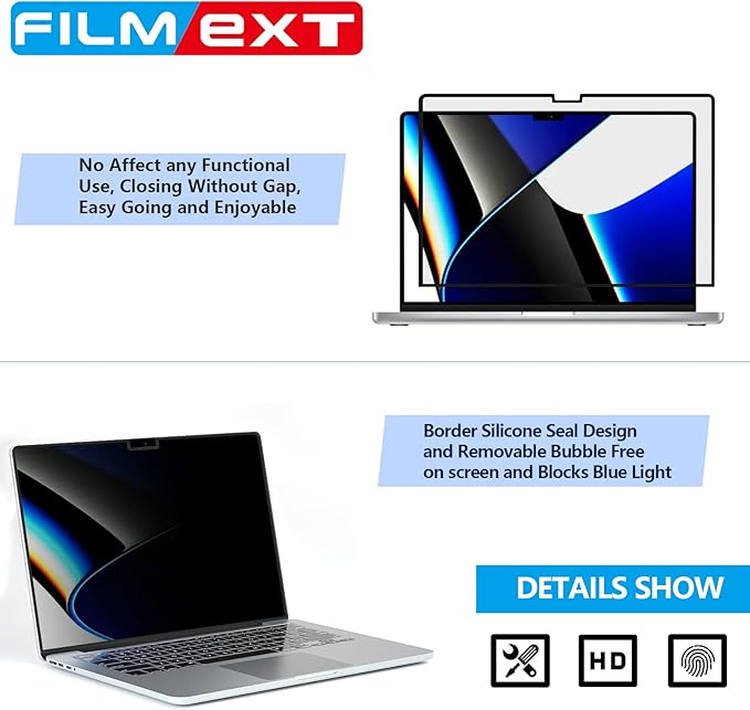 FILMEXT Macbook Pro 16 inch Privacy Screen Protector (M4 M3 M2 Max/Pro M1, A3186 A3403 A2485 A2991 A2780),Bubble Free Privacy Screen for Macbook pro 16.2 2025-2021 Eye Care/Anti-Glare Filter