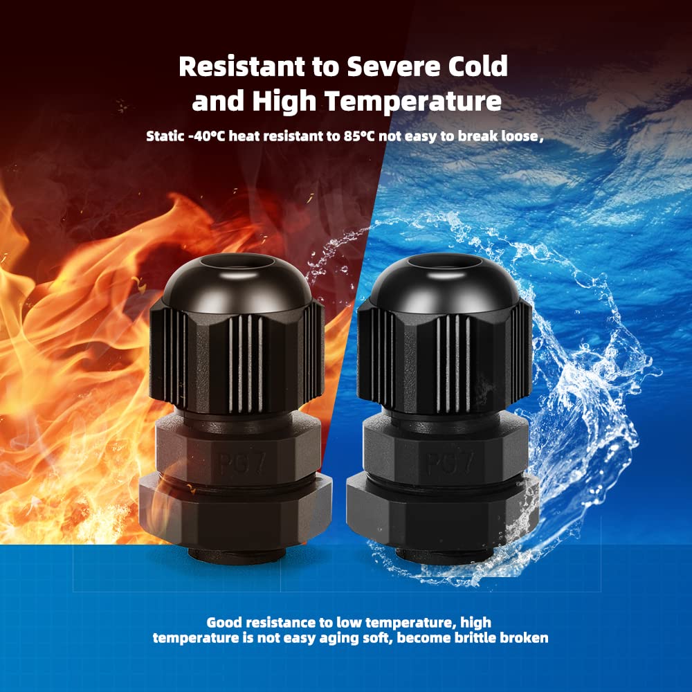 CGELE Cable Gland 20 Pack Plastic Waterproof Adjustable Connector 3-7mm PG7 Strain Relief Cord Connectors Joints Nylon with Gaskets
