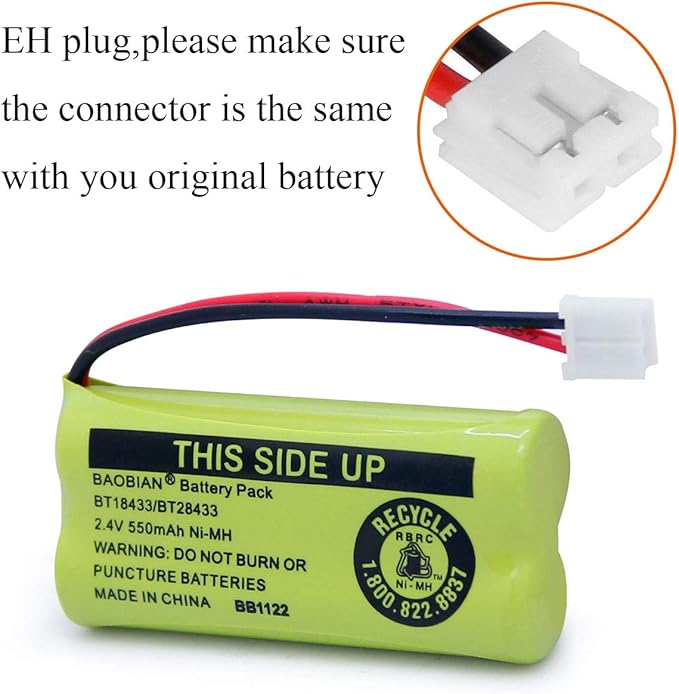 BT18433/BT28433 2.4V 550mAh Ni-Mh BT184342/BT284342 Cordless Phone Battery BT8000/BT8001 BT-6010 BT-8300 BT-1011 BT-1018 BT-1022 CPH-515D CS6209 CS6219 CS6229 DS6301 DS6101 CL80109 (8 Pack)
