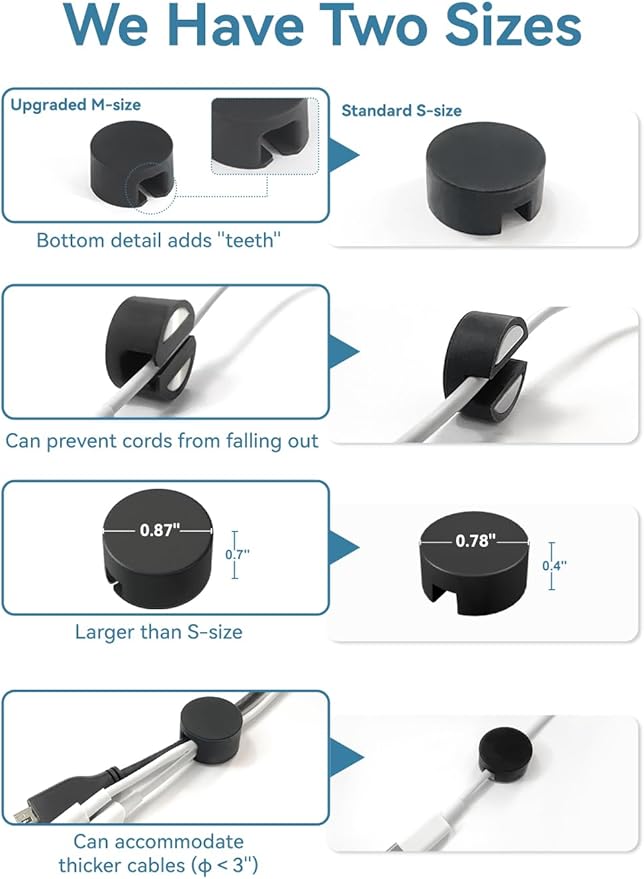 Maveek Magnetic Cord Clips Black, Silicone Cord Organizer Magnet Cable Holder Charging Cable Management Cord Keeper with Adhesive Metal Disc (5 Piece, Large Size)