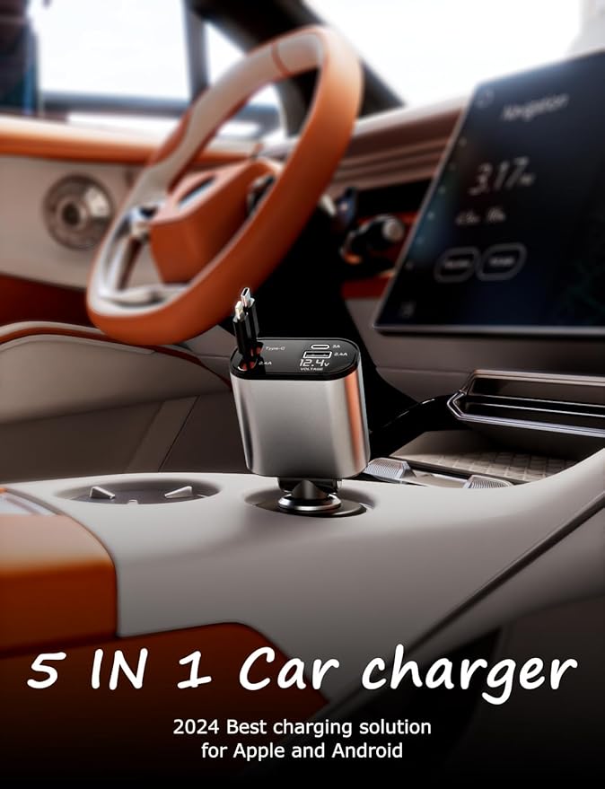 Retractable Car Charger with Dual Retractable Cords, Type-C Cable Fast Charging Up to 100W, 4 in 1 Fast Car Phone Charger with Voltage Display for iPhone 16/15/14/13/12 Pro Max,iPad,Samsung