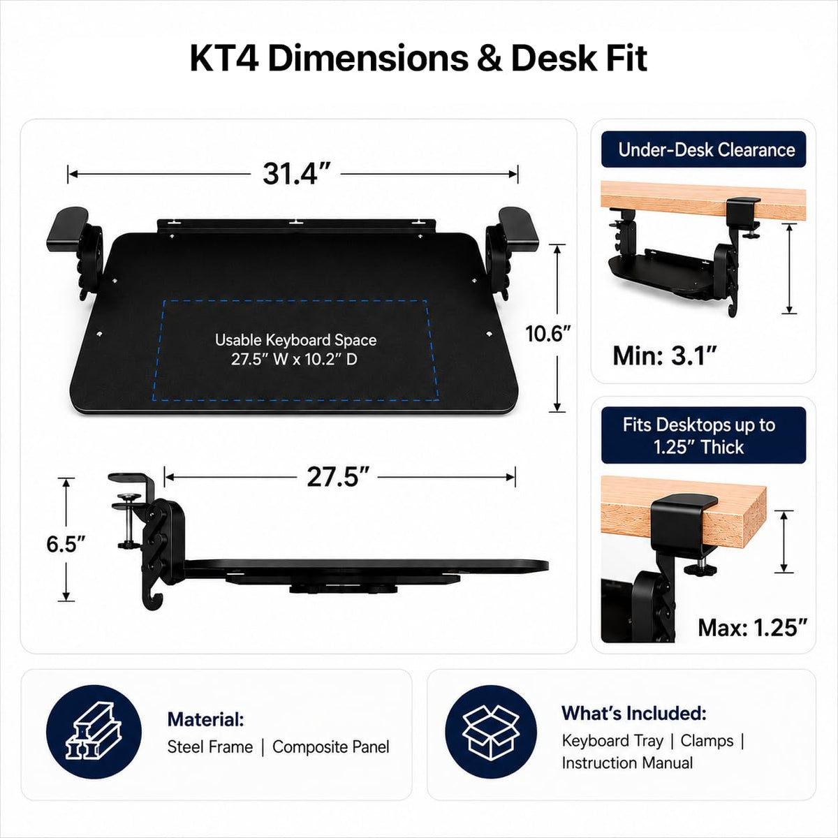 Uncaged Ergonomics Keyboard Tray Under Desk Slide Out Clamp On (Black)
