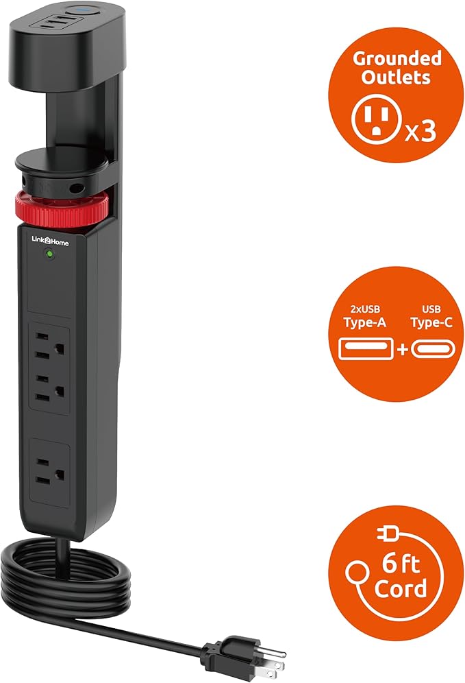 Link2Home Clamp-On Desk Power Strip with 3 Outlets, 3 USB Ports (20W PD Type-C), 6 Ft. Cord, Overload Protection, No Installation Required