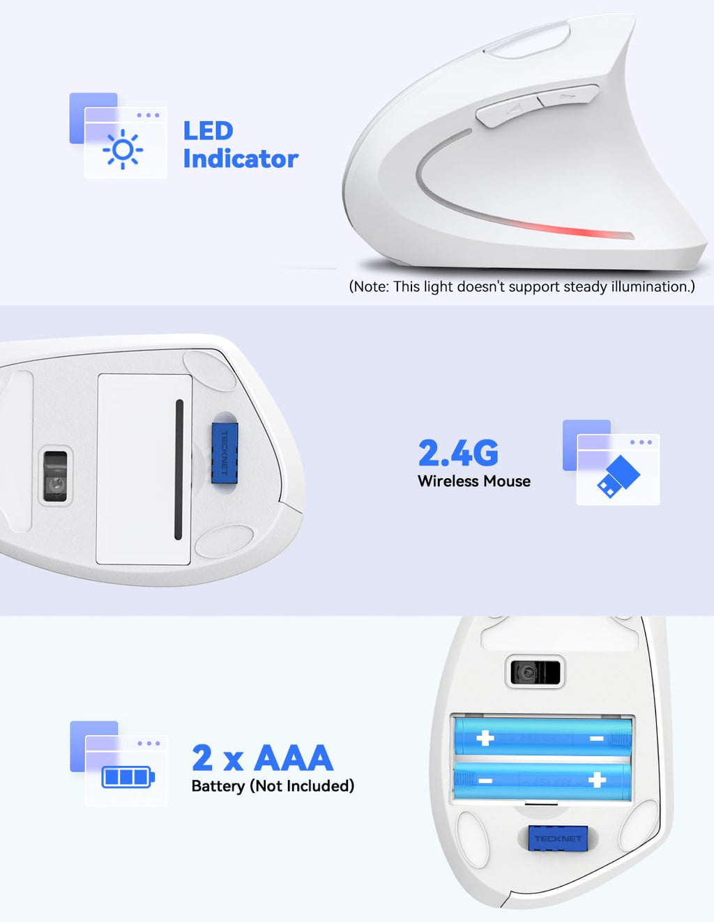 TECKNET Ergonomic Mouse Vertical Wireless with 2.4GHz USB A Receiver