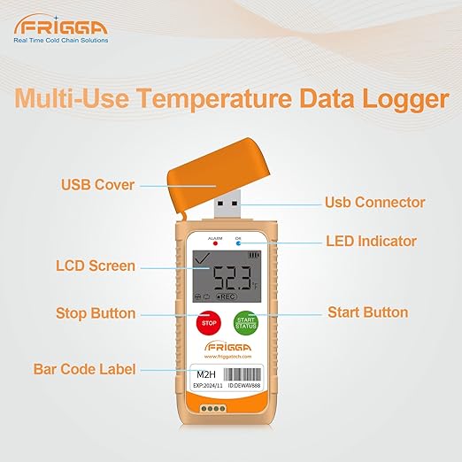 Frigga M2H 10 Pack Reusable Temperature Humidity Data Logger USB Digital Refrigerator Thermometer Multi-Use Temperature Recorder High Accuracy 28800 Points PDF CSV Report