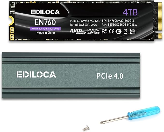 4TB M2 NVME SSD with Heatsink - PCIe Gen4.0 NVMe M.2 2280 3D NAND QLC, 5000MB/s Read, Internal Solid State Drive for PS5/PC, Dynamic SLC Cache, PS5 Storage Expansion, 5-Year Warranty(EN760)