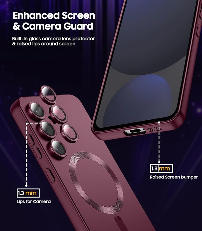 Magnetic for Samsung Galaxy S24 FE Case [Compatible with MagSafe][Built-in Camera Lens Protector] Slim Soft Silicone Bumper Shockproof Metallic Luster Phone Cover (Burgundy)