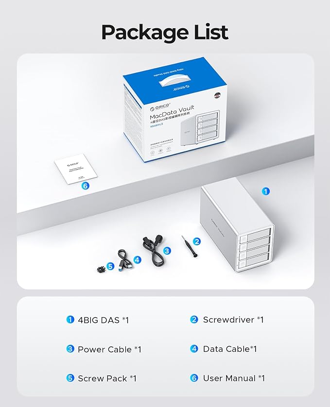 ORICO 4Bay RAID External Hard Drive Enclosure USB3.0 for 2.5/3.5 Inch SATA HDD/SSD up to 5X 22TB Supports RAID 0/1/3/5/10/JBOD/Clone/ClearMode -9948RU3