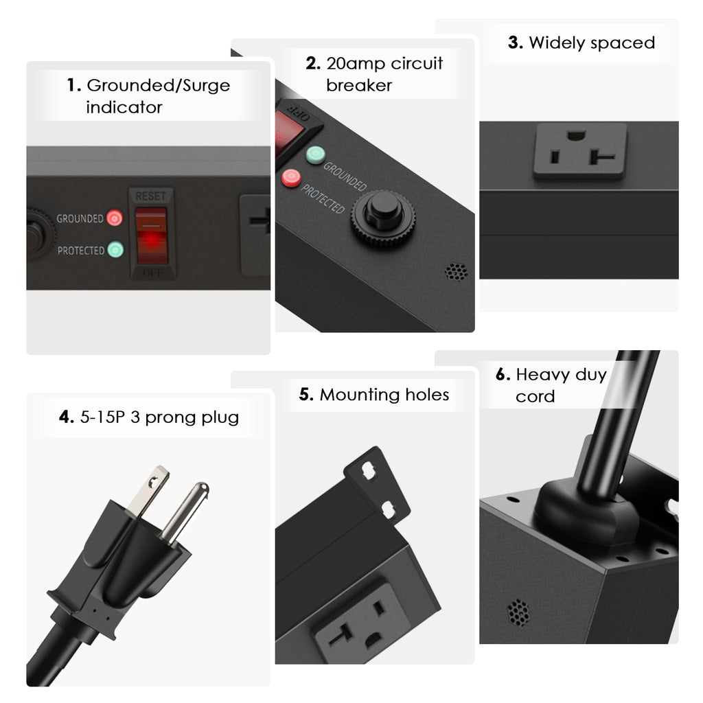 JUNNUJ Long Metal 16 Outlet Power Strip, Heavy Duty Power Strips Surge Protection 4800J with Circuit Breaker, 20a Wide Spaced Socket Wall Mount 5-15P Adapter High Amp 6-20R T-Slot 10FT Extension Cord