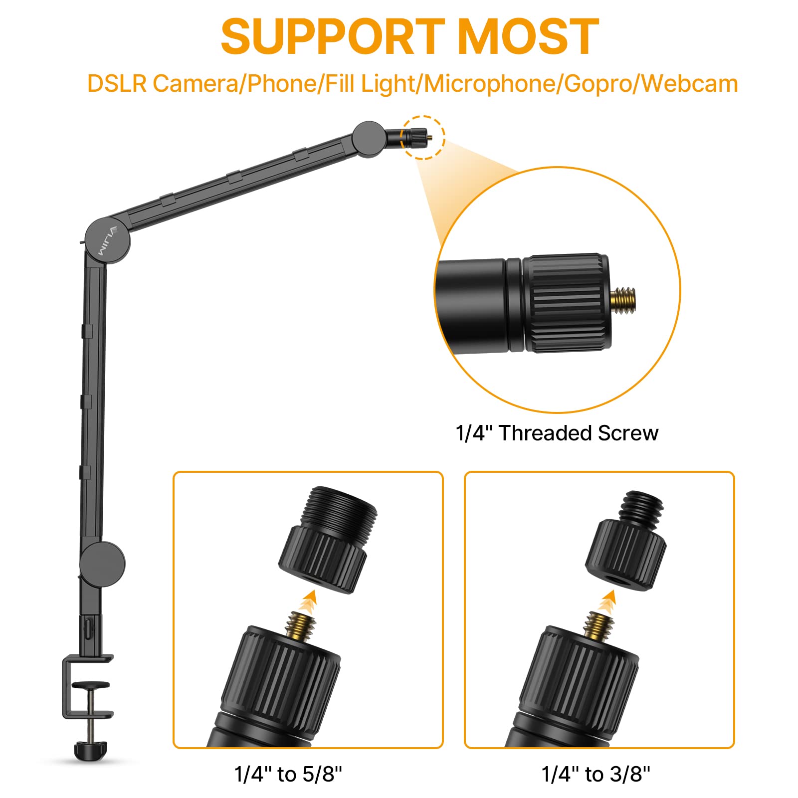 PICTRON VIJIM LS25 Camera Desk Mount, Flexible Overhead Webcam Stand with Boom Arm, Table C-Clamp Suitable for Photography Videography Live Stream